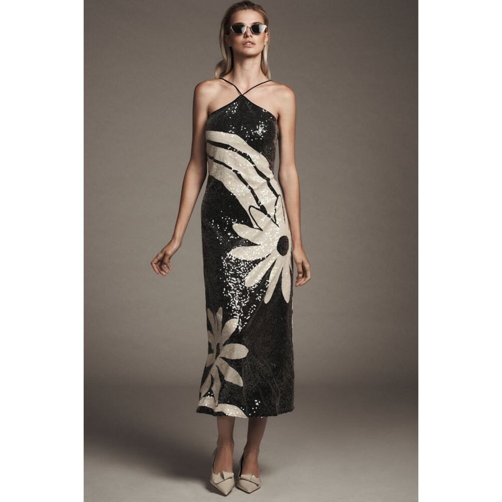 Farm Rio Halter Sequin Floral Column Midi Dress XL